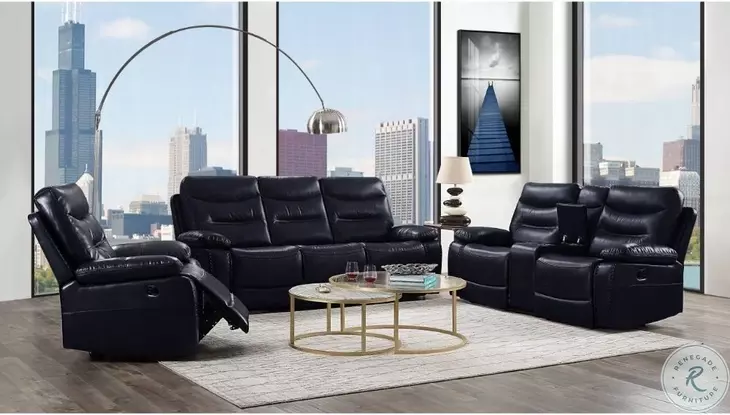 Aashi Navy Leather Reclining 78" Loveseat with Console