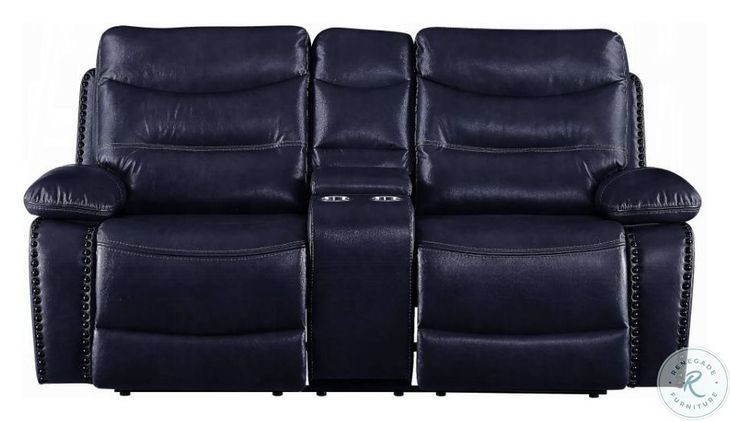 Aashi Navy Leather 78" Reclining Loveseat with Console