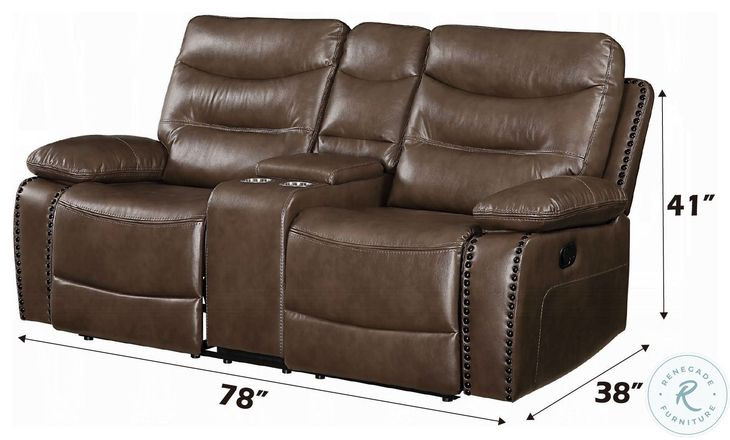 Aashi Brown Leather 78" Reclining Loveseat with Console