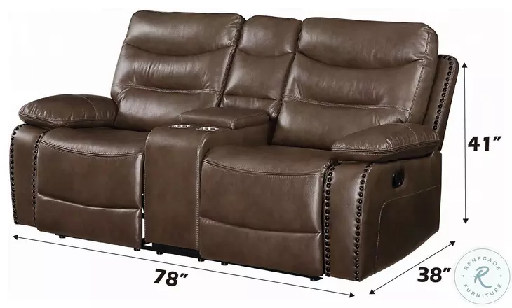 Aashi Brown Leather Reclining 78" Loveseat with Console
