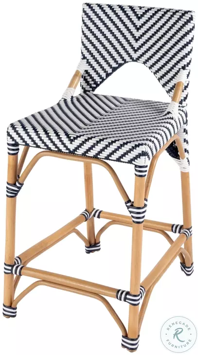 Creanly Navy Blue and White Rattan Counter Height Stool