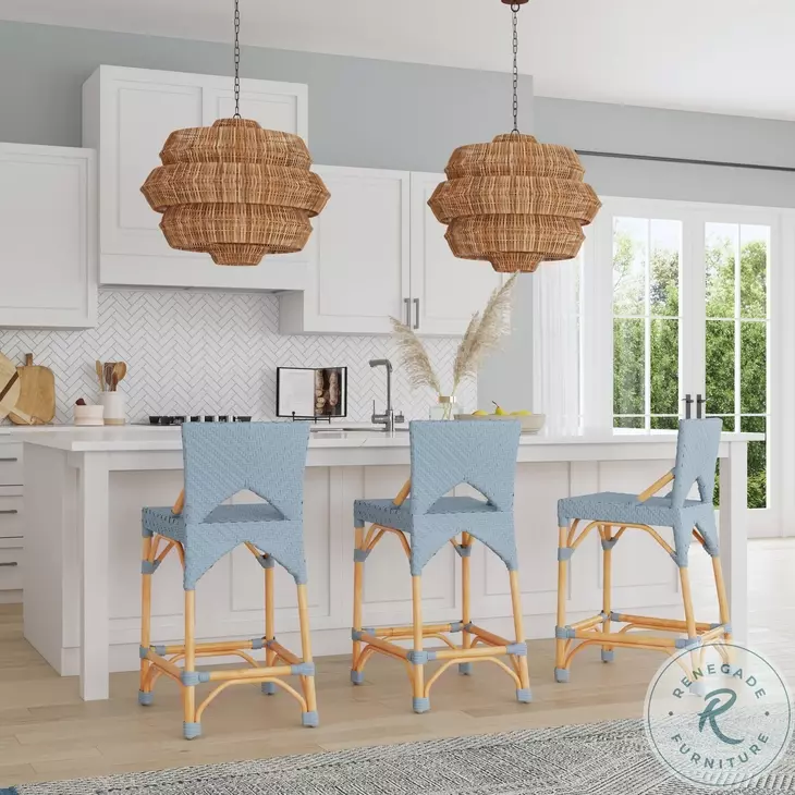 Creanly Baby Blue Rattan Counter Height Stool