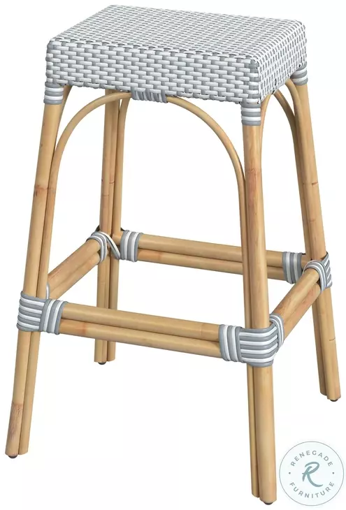 Tobias White And Sky Blue Dot Rattan Bar Stool