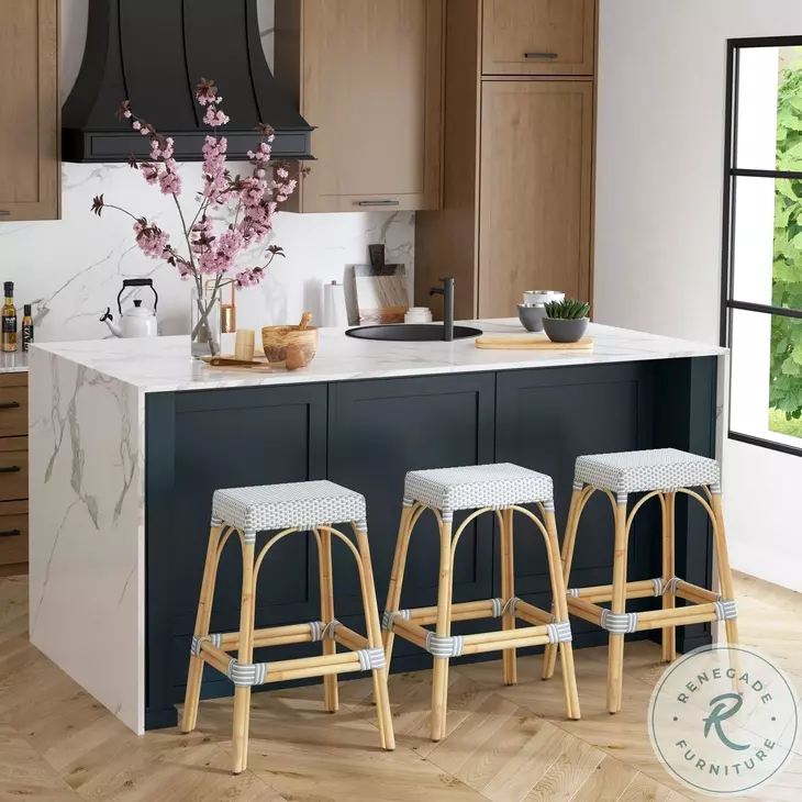 Tobias White And Sky Blue Dot Rattan Bar Stool