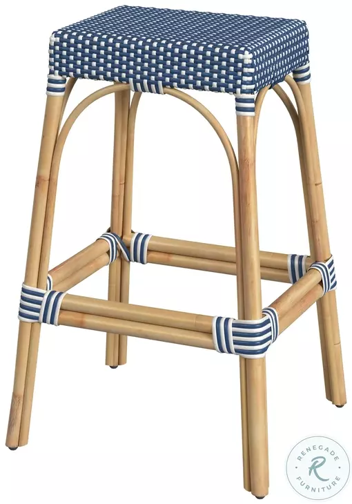 Tobias Blue And White Dot Rattan Bar Stool