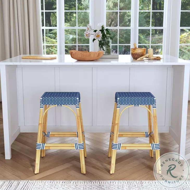 Tobias Blue And White Dot Rattan Bar Stool