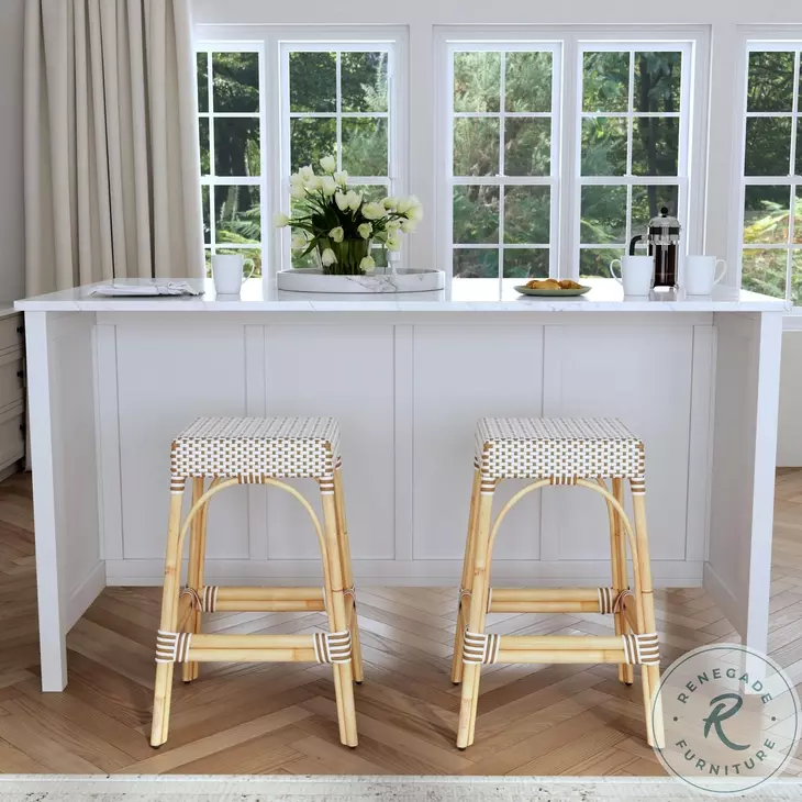 Tobias White And Tan Dot Rattan Bar Stool