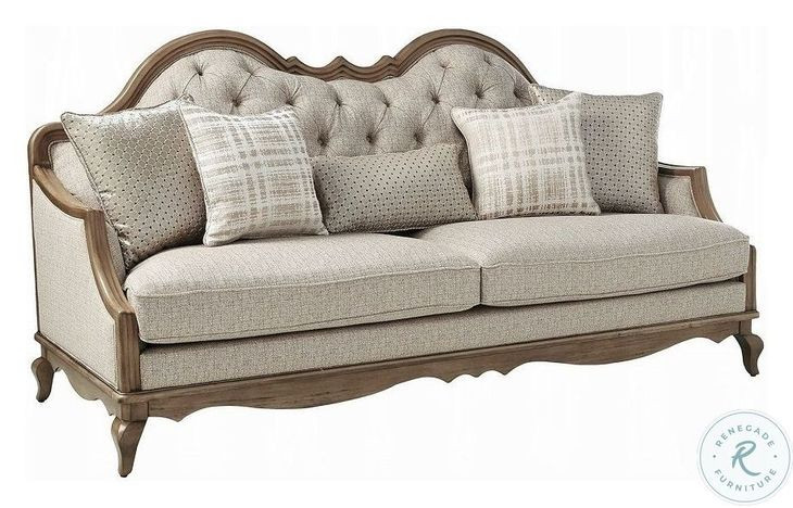 Chelmsford Beige Fabric and Antique Taupe 86" Sofa with 5 Pillows