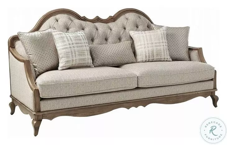Chelmsford Beige Fabric and Antique Taupe 86" Sofa with 5 Pillows
