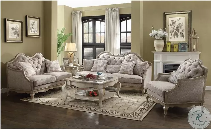 Chelmsford Beige Fabric and Antique Taupe Living Room Set with 5 Pillows
