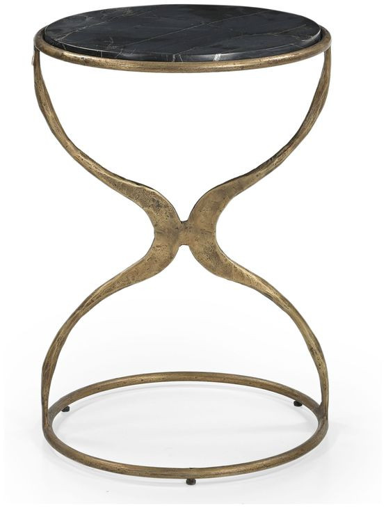 Hourglass Antique Brass and Black Round Marble Top Accent Table