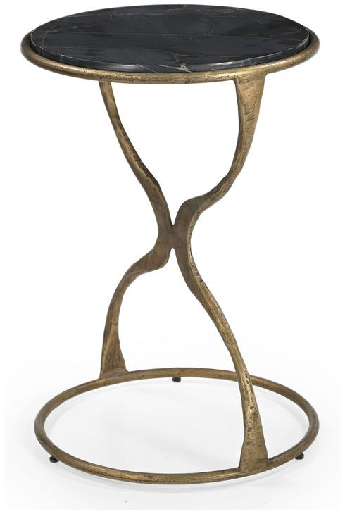 Hourglass Antique Brass and Black Round Marble Top Accent Table