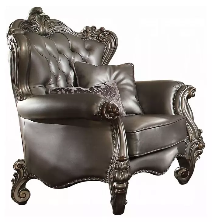 Versailles Silver Upholstered Accent Chair with Pillows and Nailhead Trim