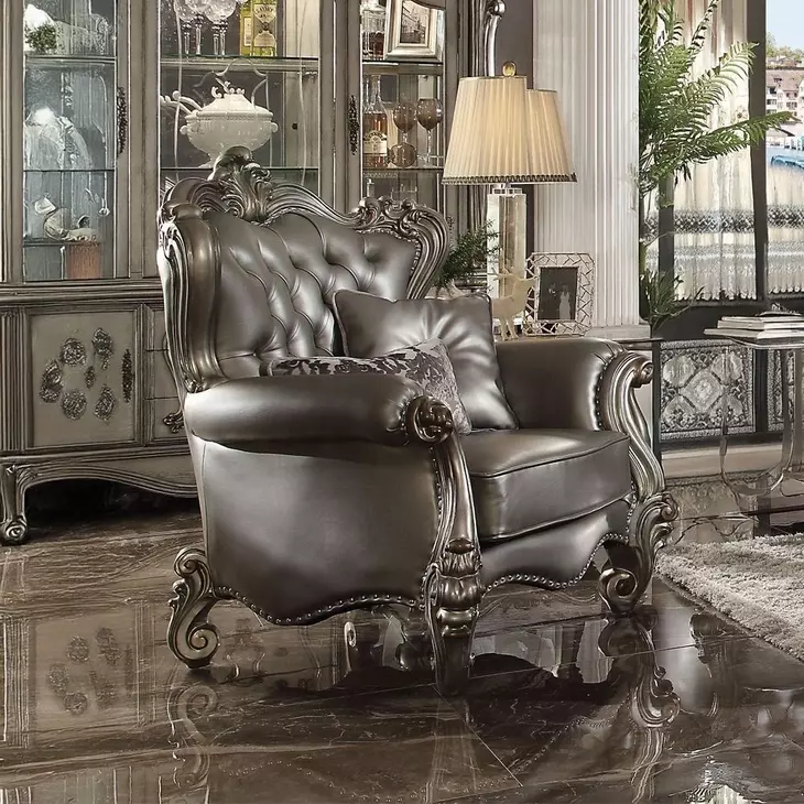Versailles Silver Upholstered Accent Chair with Pillows and Nailhead Trim