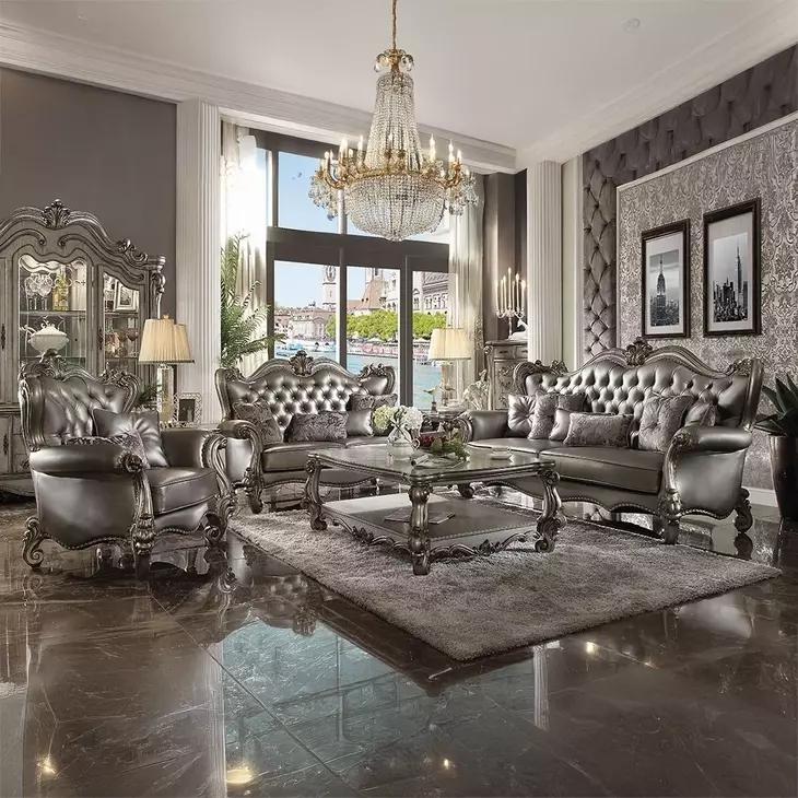 Versailles Silver Upholstered Accent Chair with Pillows and Nailhead Trim