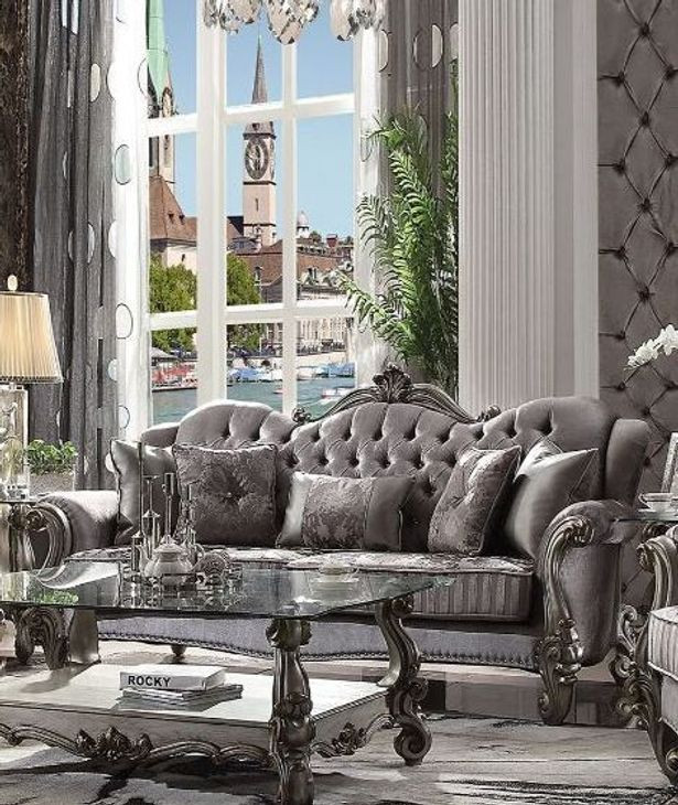 Versailles Antique Platinum Living Room Set with Pillows and Nailhead Trim