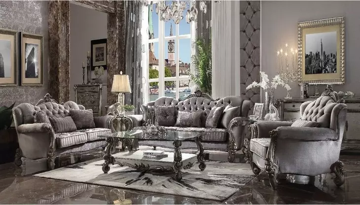 Versailles Antique Platinum 69" Loveseat with Pillows and Nailhead Trim