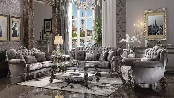 Versailles Antique Platinum Living Room Set with Pillows and Nailhead Trim
