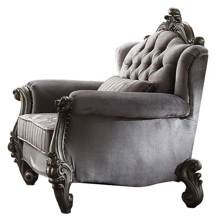 Versailles Antique Platinum Upholstered Lounge Chair with Pillow and Nailhead Trim
