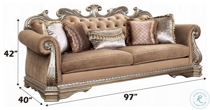 Northville Velvet and Antique Silver 97" Sofa with 5 Pillows