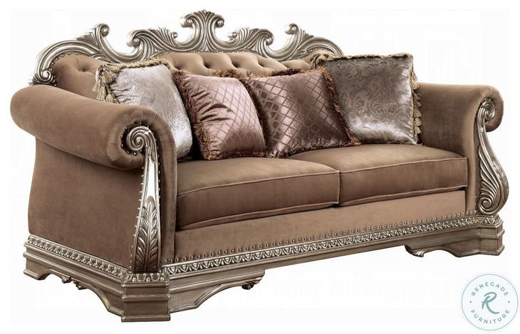 Northville Velvet and Antique Silver 78" Loveseat with 4 Pillows