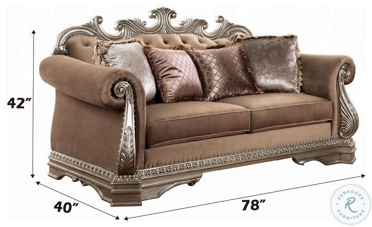 Northville Velvet and Antique Silver 78" Loveseat with 4 Pillows