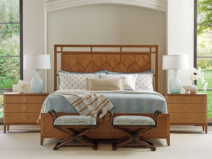 Palm Desert Echo Beach Blue and White Upholstered 32" Bed Bench