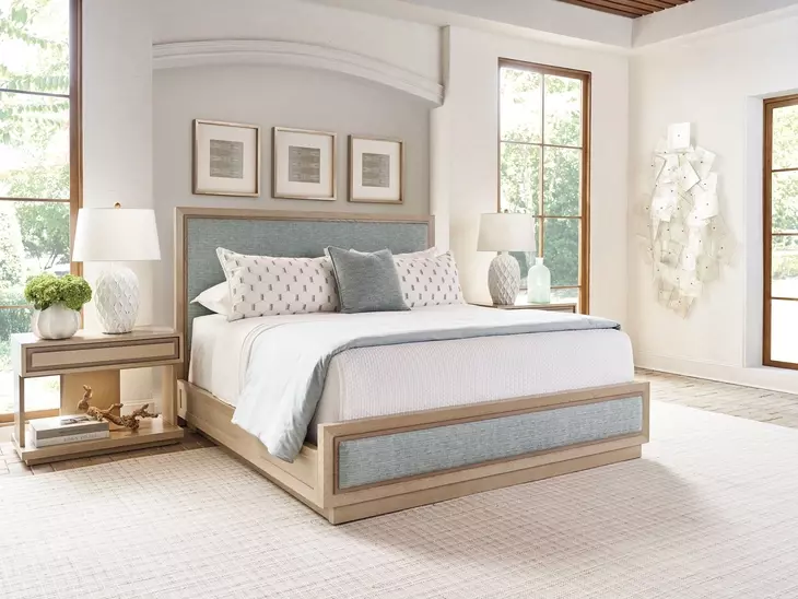 Sunset Key Grayson Sand Drift and Blue California King Upholstered Panel Bed