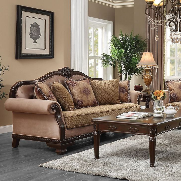 Chateau De Ville Beige 89" Sofa with Pillows and Nailhead Trim