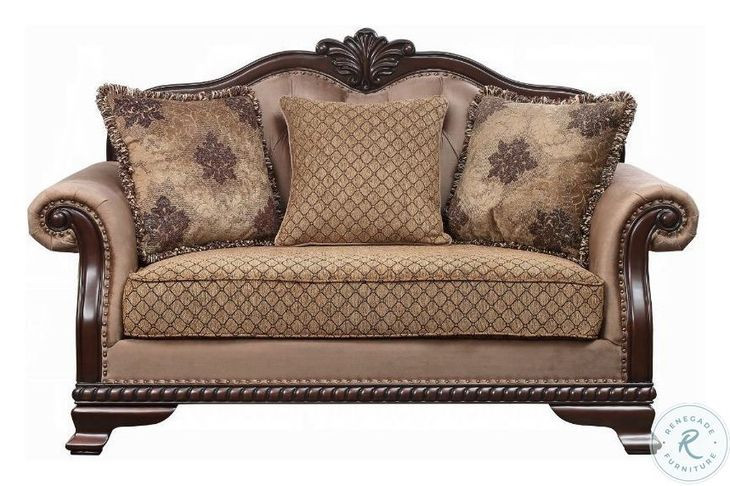 Chateau De Ville Fabric and Espresso 62" Loveseat with 3 Pillows