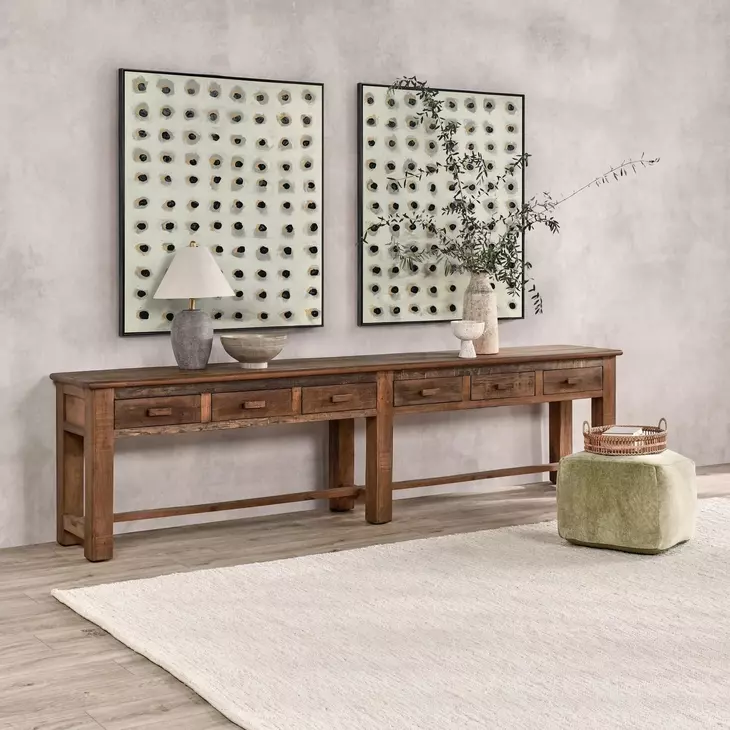 Ezra Natural Rectangular Console Table with 6 Drawer