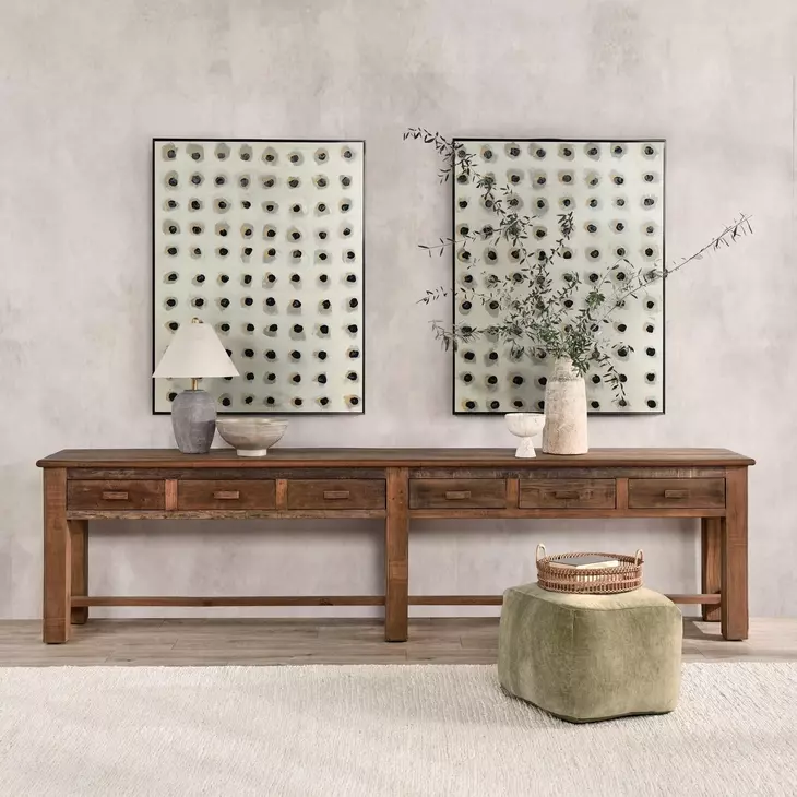 Ezra Natural Rectangular Console Table with 6 Drawer