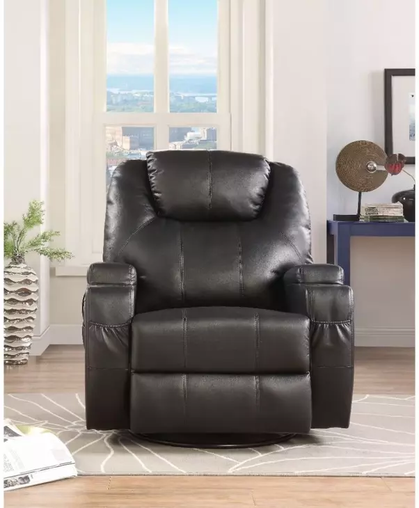 Waterlily Black Swivel Rocker Recliner with Heat and Massage