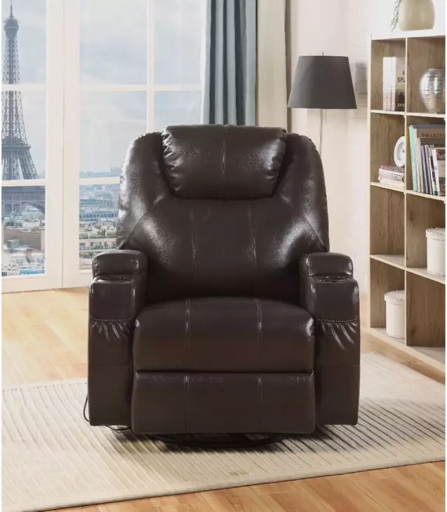 Waterlily Brown Swivel Rocker Recliner with Heat and Massage