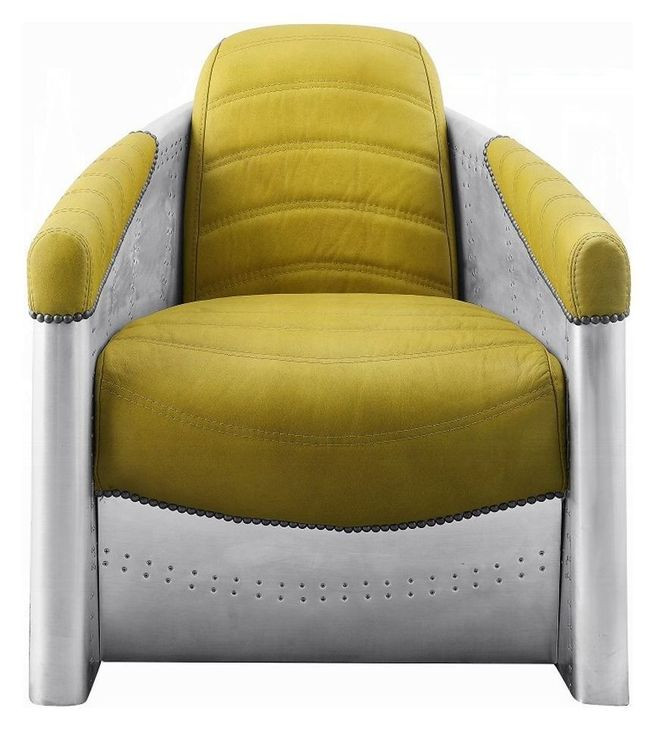 Brancaster Yellow Leather Upholstered Accent Chair with Nailhead Trim