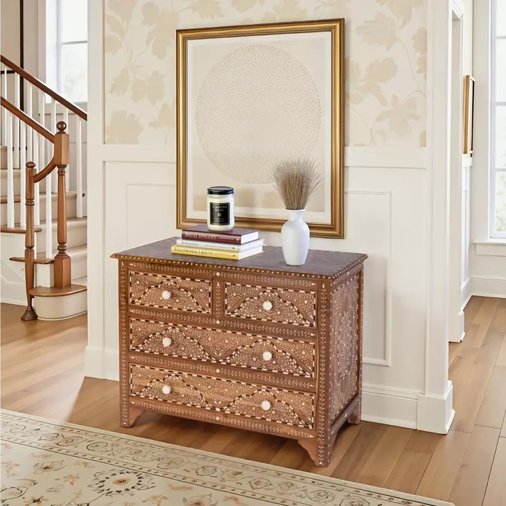 Rashmi Brown and Bone Inlay 4 Drawer Accent Chest
