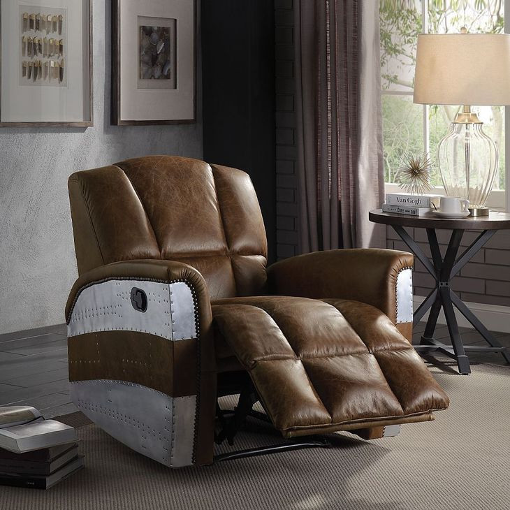 Brancaster Retro Brown Leather Power Recliner with Nailhead Trim