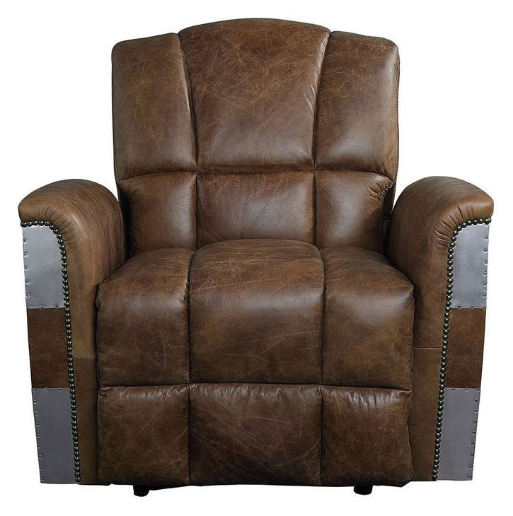 Brancaster Retro Brown Leather Power Recliner with Nailhead Trim