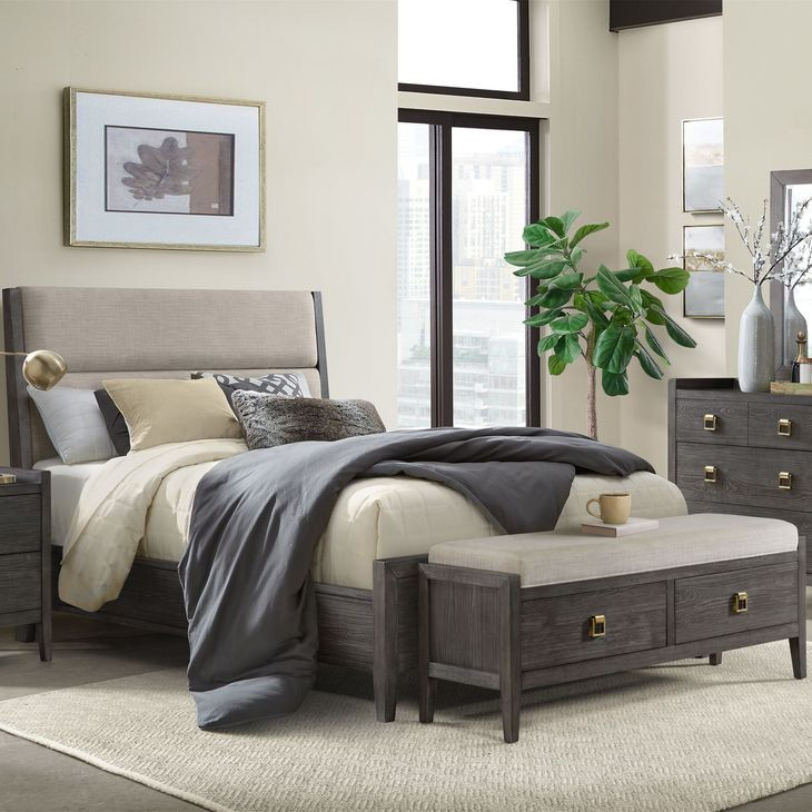 Portia Brushed Brindle and Beige Queen Upholstered Panel Bedroom Set with Storage Bench
