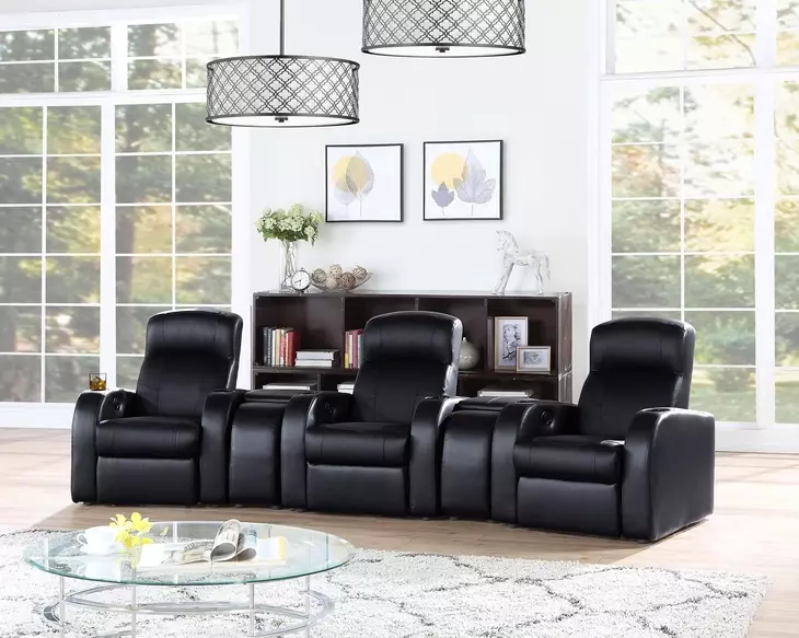 Cyrus Black Top Grain Leather 3 Piece Home 130" Theater Seating With 2 Console