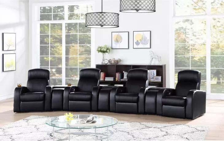 Cyrus Black Top Grain Leather 4 Piece Home 177" Theater Seating With 3 Console