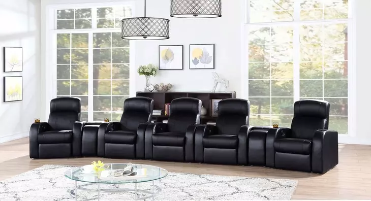 Cyrus Black Top Grain Leather 5 Piece Home 195" Theater Seating With 2 Console