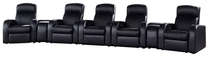 Cyrus Black Top Grain Leather 5 Piece Home 195" Theater Seating With 2 Console