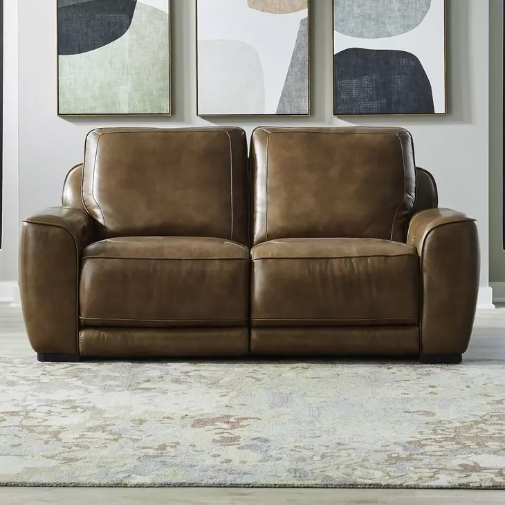 Weston Venetian Honey Leather 84" Dual Power Zero Wall Reclining Loveseat with Power Headrest and USB Charging