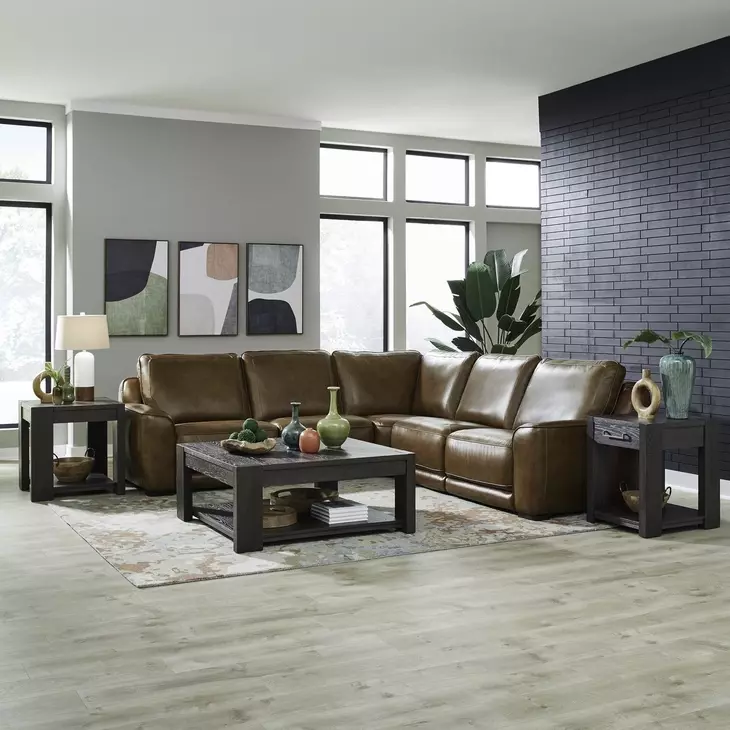 Weston Venetian Honey Leather 5 Piece Modular Dual Power Zero Wall Reclining Sectional with Power Headrest and USB Charging