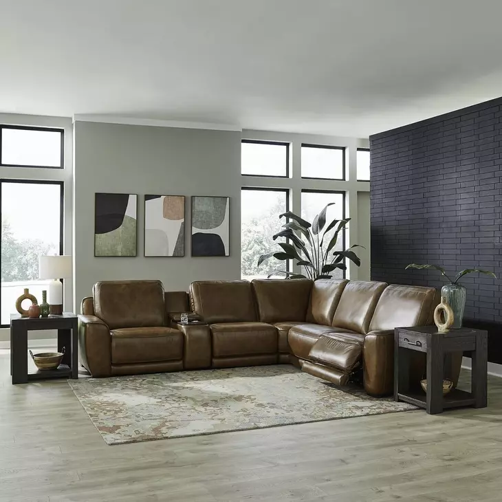 Weston Venetian Honey Leather 6 Piece Modular Dual Power Zero Wall Reclining Sectional with LED and USB Charging