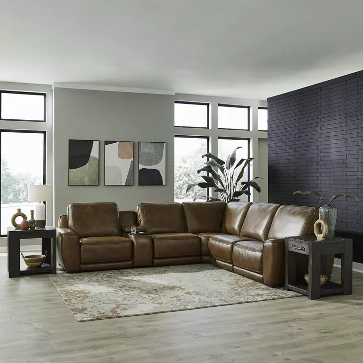 Weston Venetian Honey Leather 6 Piece Modular Dual Power Zero Wall Reclining Sectional with LED and USB Charging