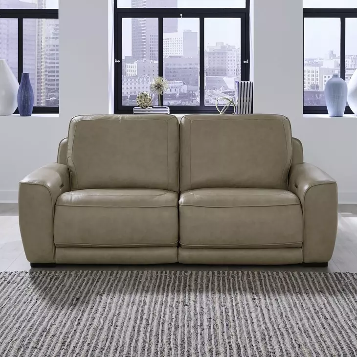 Weston Sophia Oatmeal Leather 88" Dual Power Zero Wall Reclining Sofa with Power Headrest and USB Charging