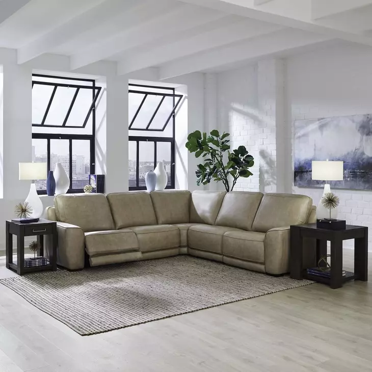 Weston Sophia Oatmeal Leather 5 Piece Modular Dual Power Zero Wall Reclining Sectional with Power Headrest and USB Charging