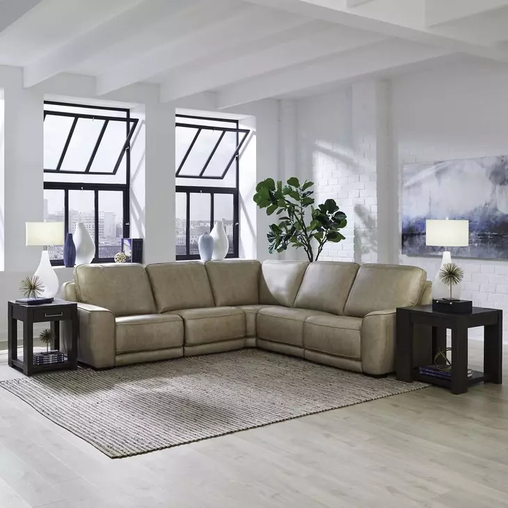 Weston Sophia Oatmeal Leather 5 Piece Modular Dual Power Zero Wall Reclining Sectional with Power Headrest and USB Charging